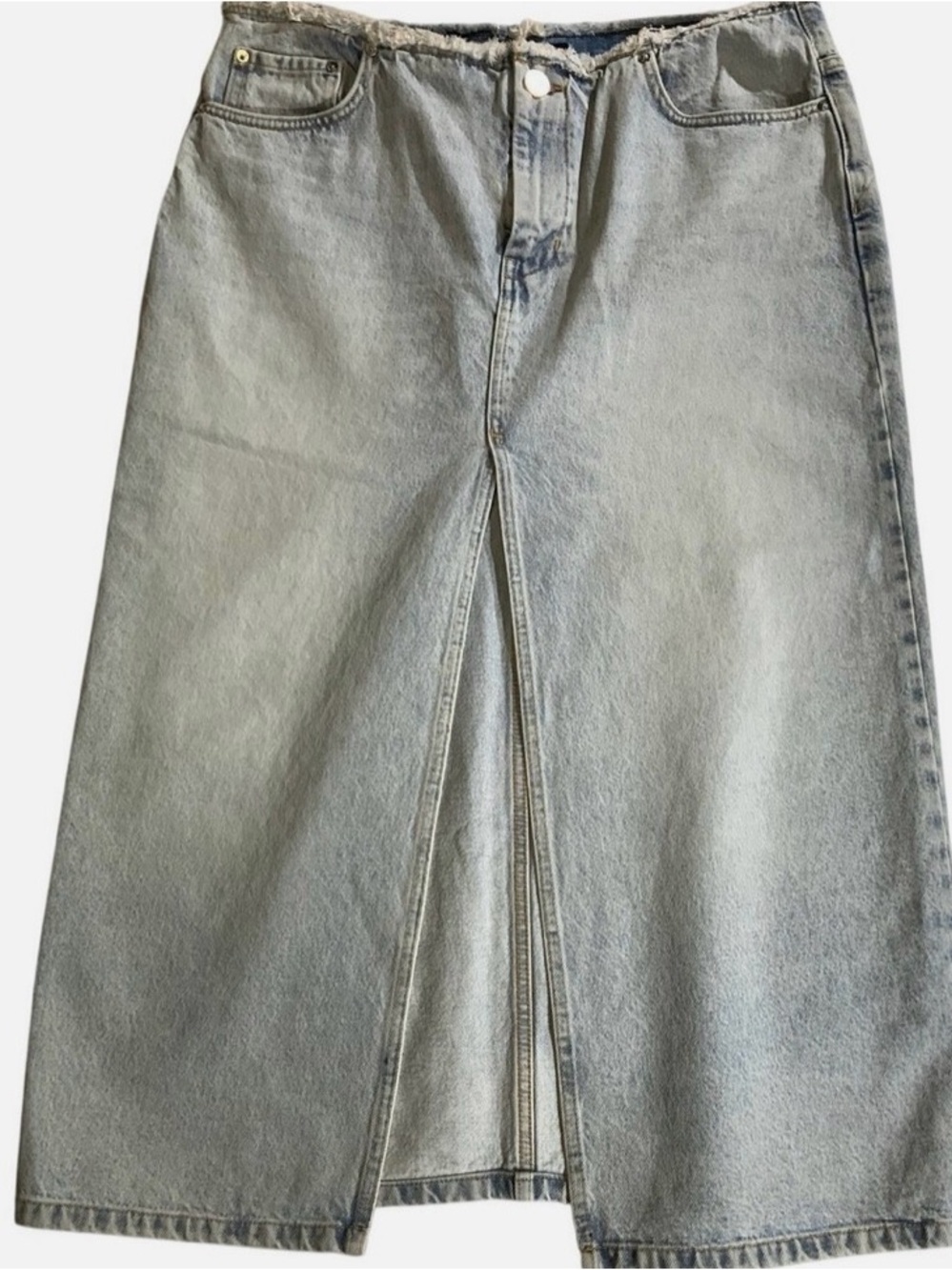 All Saints Light Wash Denim Maxi Skirt with Front Slit